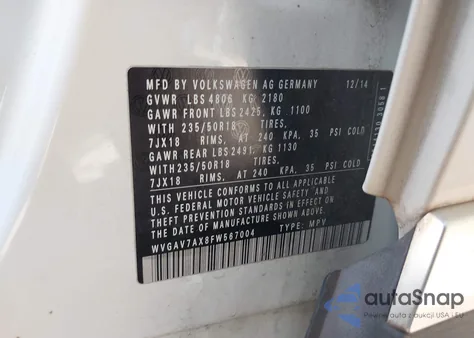 2015 Volkswagen Tiguan Sel из США, поврежденный, VIN WVGAV7AX8FW567004